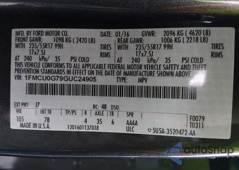 2016 Ford Escape Se из США, поврежденный, VIN 1FMCU0G79GUC24905